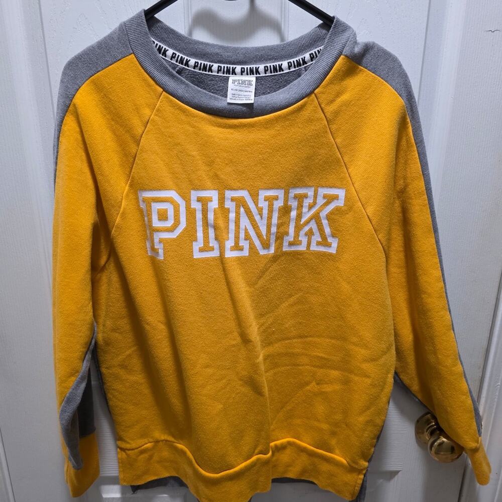 VS PINK Color Block Sweatshirt Logo Mustard Yellow XS